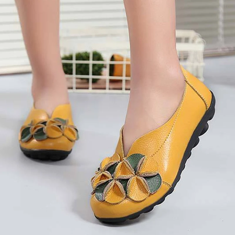 Летние Женские Кожаные Ботинки Женщина Сплит Мокасины С Цветами Мягкие Квартиры