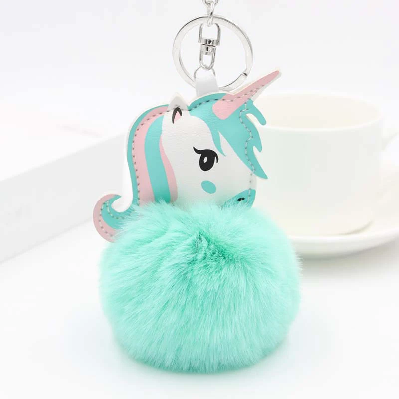 

New Cute Fluffy Fur Pompon Unicorn Keychain Women Rabbit Fur Ball Pompom Horse Key Chains Bag Car Trinket Jewelry Party Gift