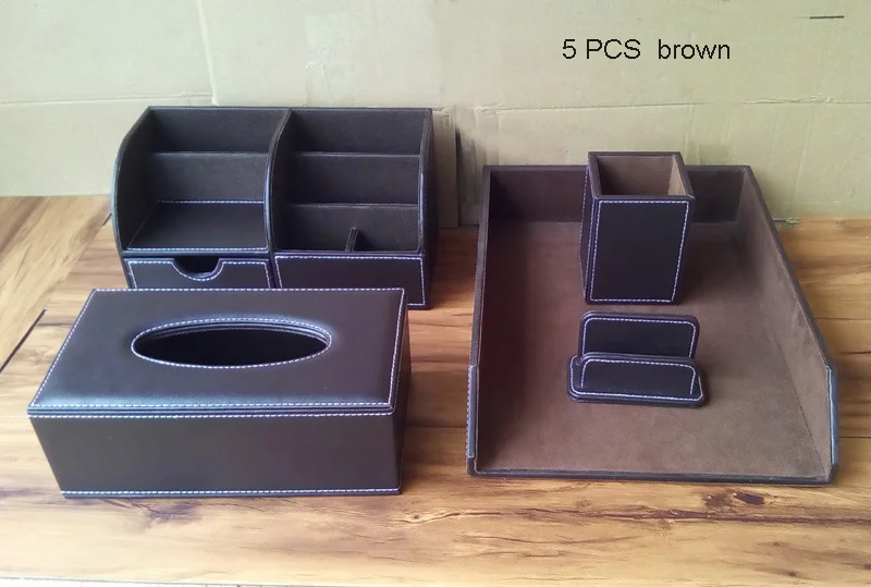 brown 5PCS set K261 Офисный Настольный органайзер, набор канцелярских принадлежностей, коробка для хранения документов органайзер для ручек, органайзер, офисные принадлежности, настольные аксессуары - Цвет: brown 5PCS set K261