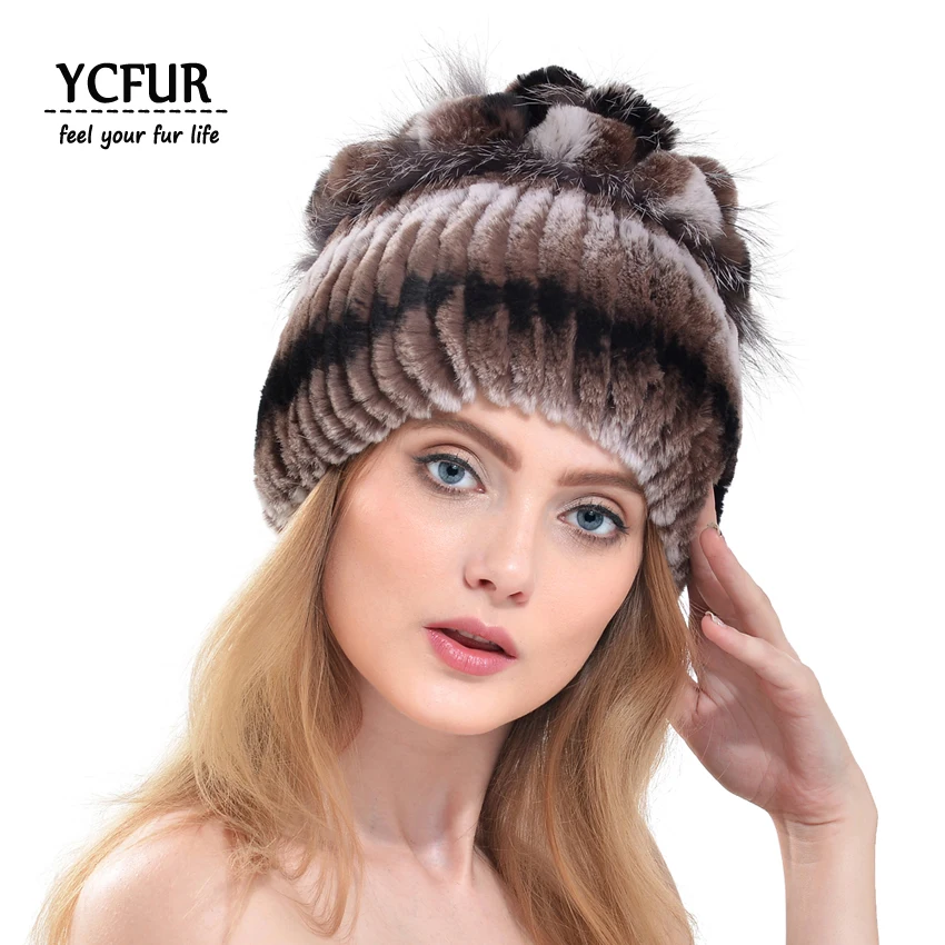 YCFUR натуральная меховая шапка, шапки для женщин, прошитая полосками шапка из меха кролика рекс с отделкой из лисьего меха, зимняя шапка, женские шапки