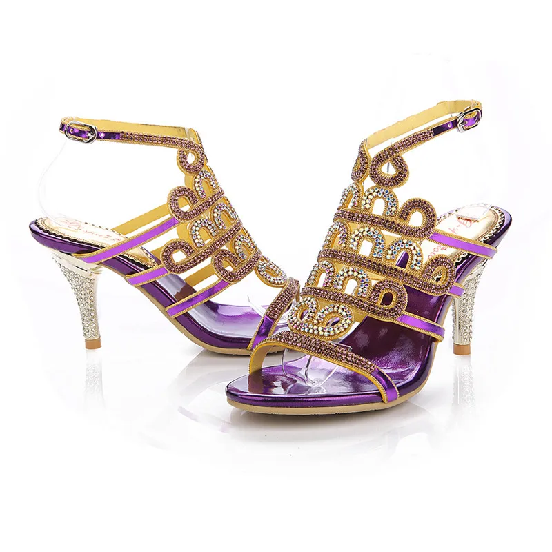 Новинка 2019 г. фиолетовые богемные сандалии на шпильках с инкрустацией в