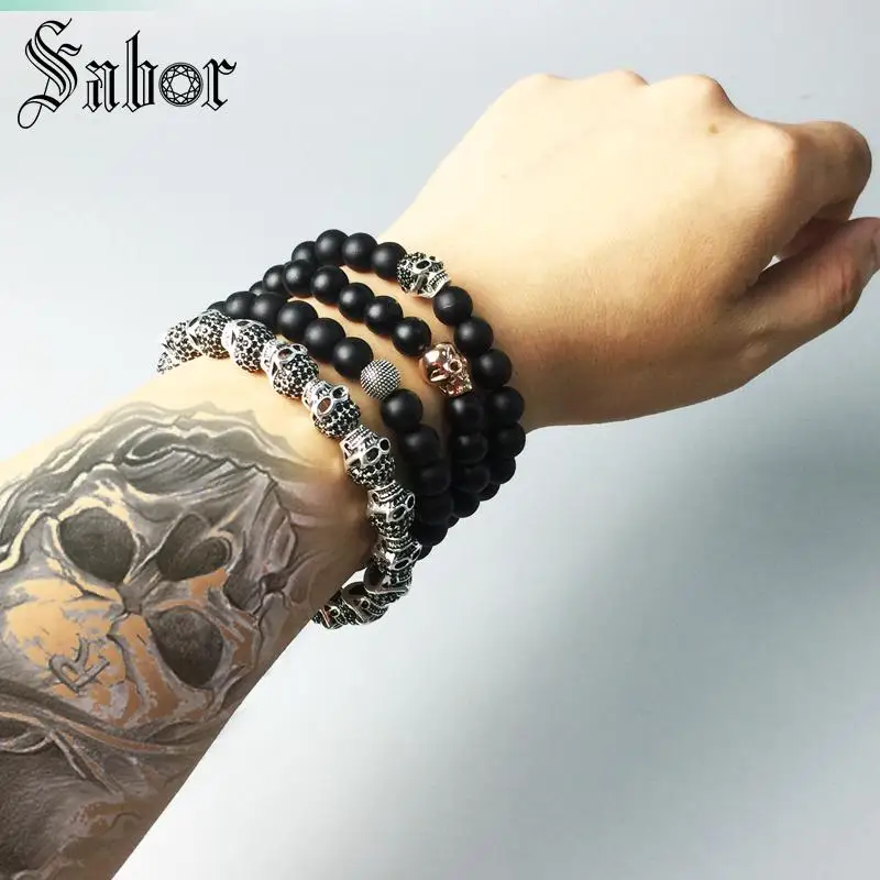 Thomas черные циркониевые проложенные бусины с черепами браслет эластичный в виде