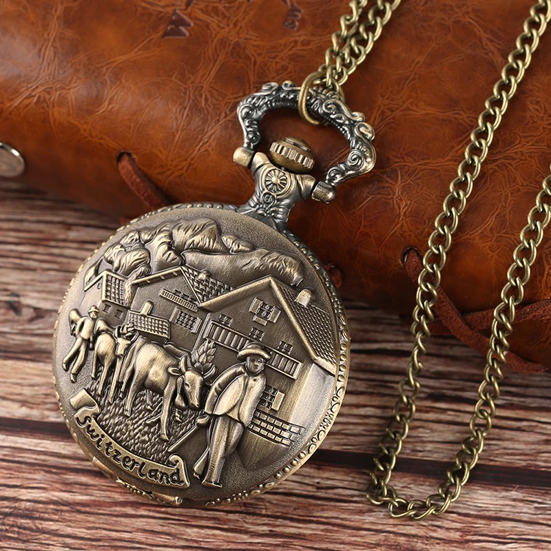 Switzerland Pastoral Cows Buffalos Pocket Watch Farmers Life Necklace Chain Souvenior Clock Special Peasant Family Friends Gifts | Наручные