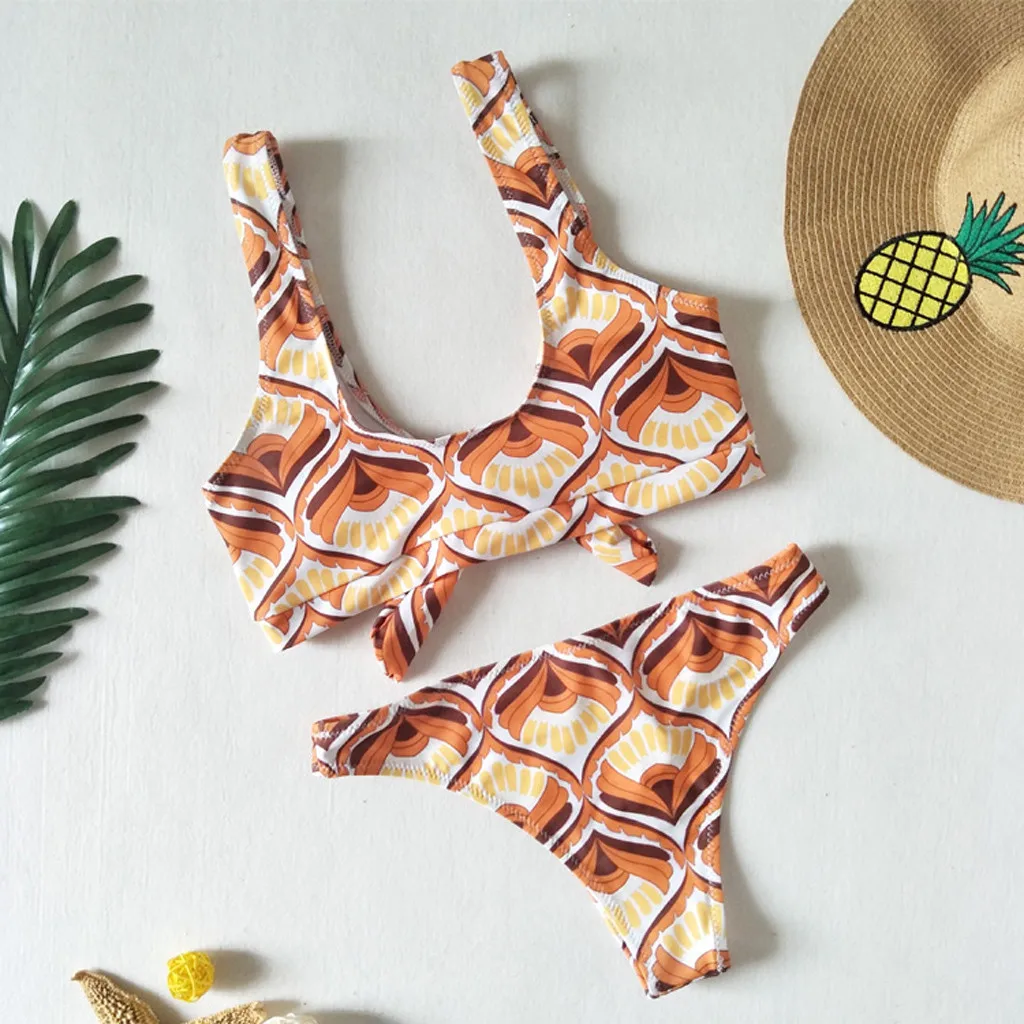 Женское бикини с цветочным принтом оранжевое купальник из двух предметов