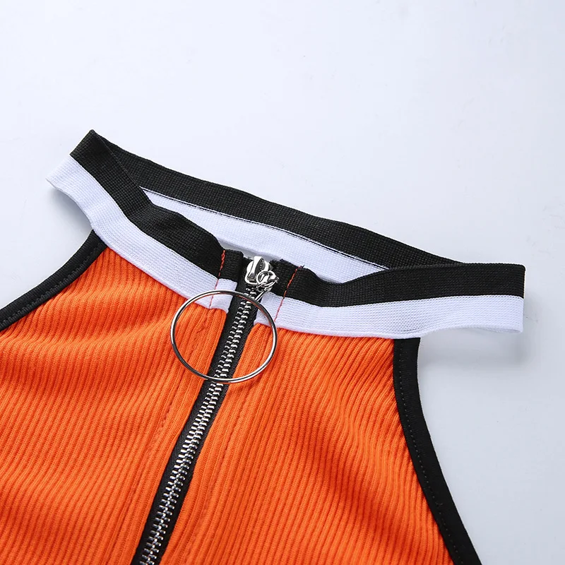 Женский укороченный топ без рукавов оранжевое на молнии повседневный в стиле