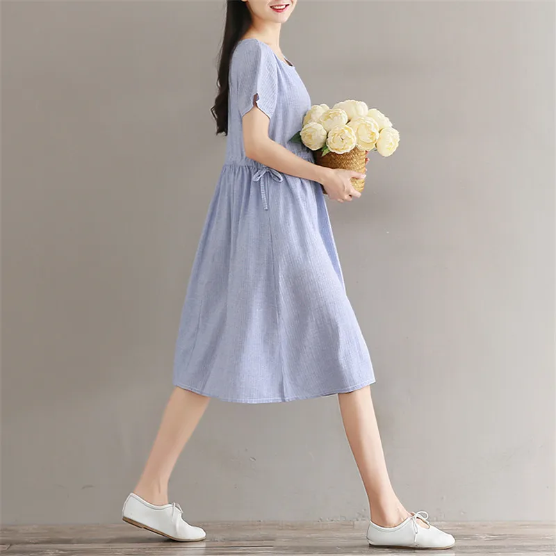 Летнее милое платье Женская мода 2019 синее розовое Полосатое с круглым вырезом