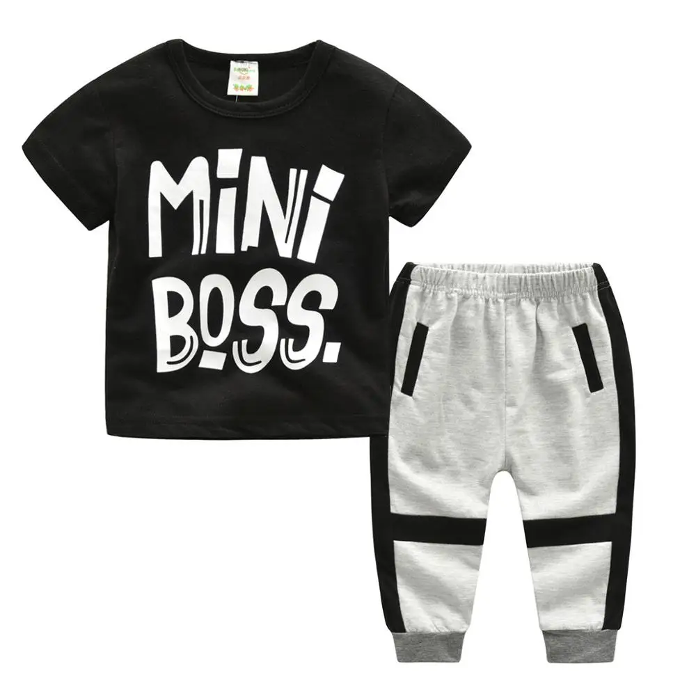 R&ampZ children's suit 2019 summer new boy cotton casual letter round neck T-shirt harem pants two-piece |
