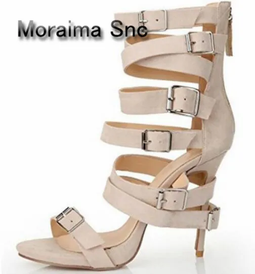 

Moraima Snc Narrow-band Cutouts Thin Heels Sandal Nude PU Leather High Heel Sandal 2018 Sexy Open Toe Buckle Strap sandals