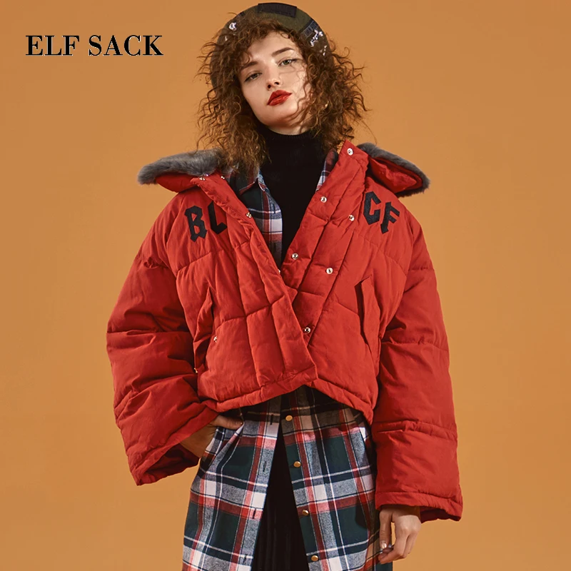 ELFSACK, новинка, Женское пальто, повседневное, с буквенным принтом, на молнии, из кусков, женские куртки, уличная одежда, Femme, стеганое пальто для женщин, зимняя одежда