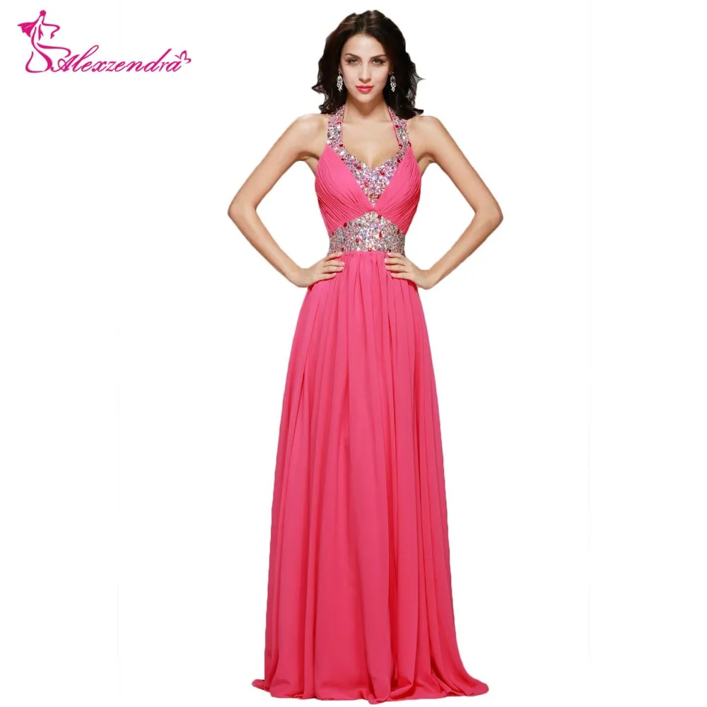 

Alexzendra Pink Chiffon A Line Halter Up Prom Dresses 2018 Beaded Backless Formal Evening Dress Party Dresses