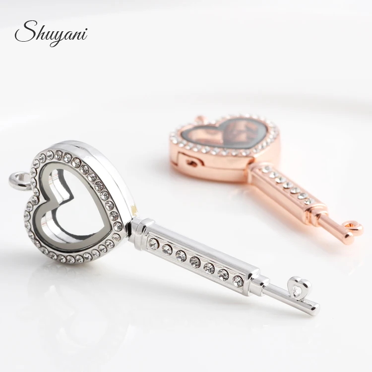 

10pcs/lot Alloy Rhinestone Heart Key Floating Locket for Charms Openable Magnetic Glass Locket Pendant Accessories with chains