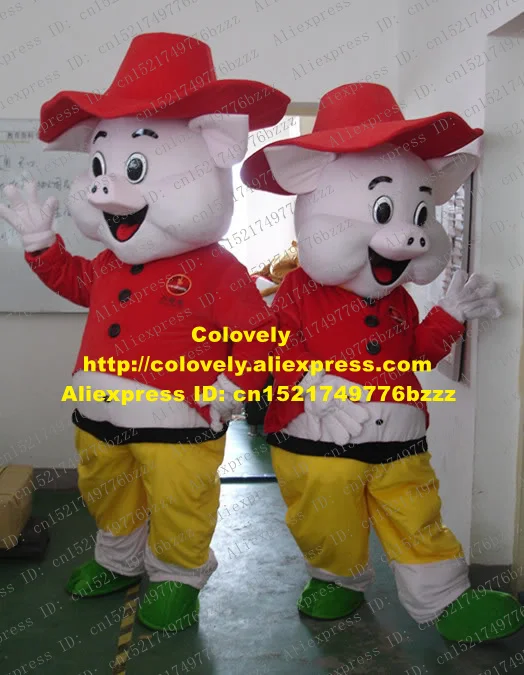 Lovely Pink Pig Mascot Costume Mascotte Adult Piggy Porket Porkling Hog Swine With Red Coat Yellow Pants No.1289 Free Shipping |