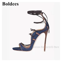 designer blue denim jeans high heel sandals woman shallow mouth narrow band lace up cut out summer european party dress shoe