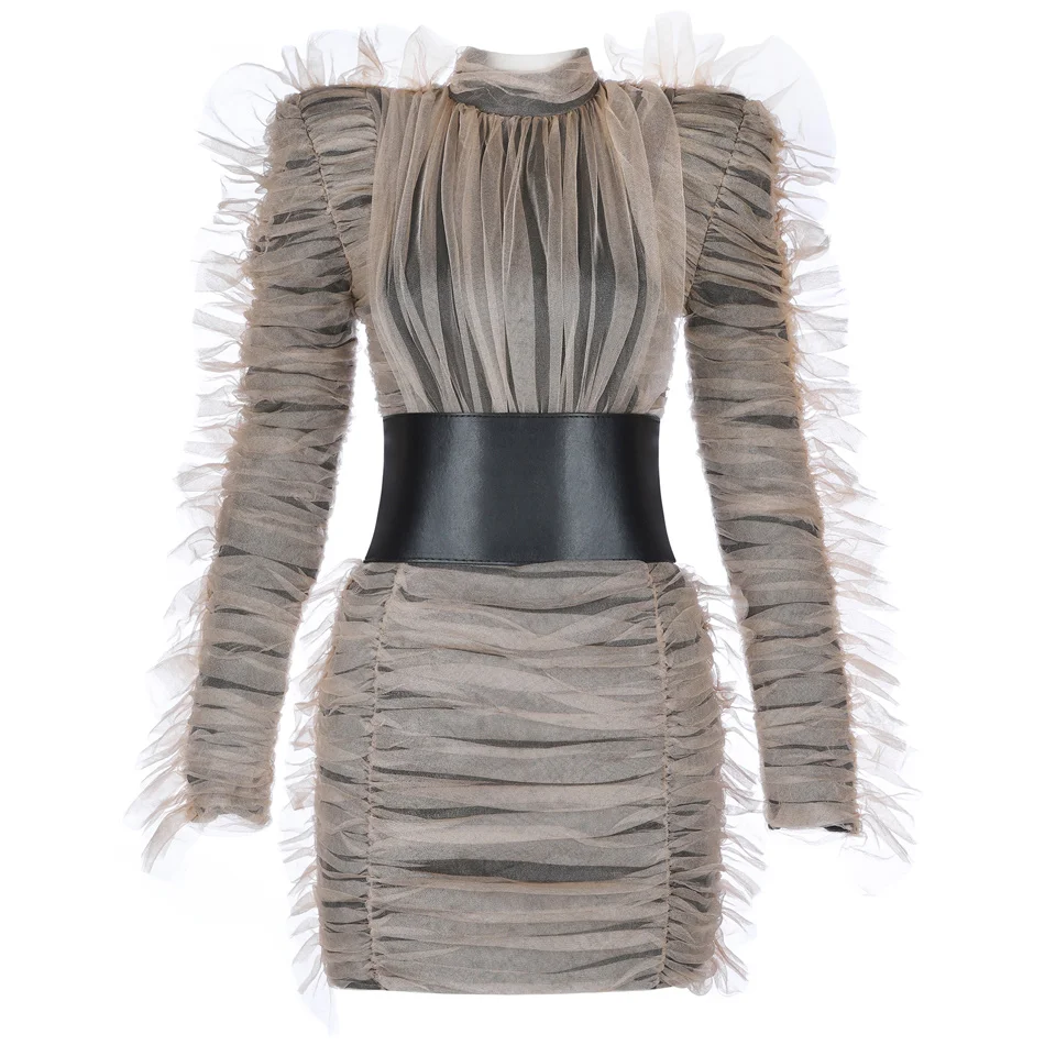 Модное Элегантное Сетчатое платье с рюшами и оборками для женщин длинным рукавом