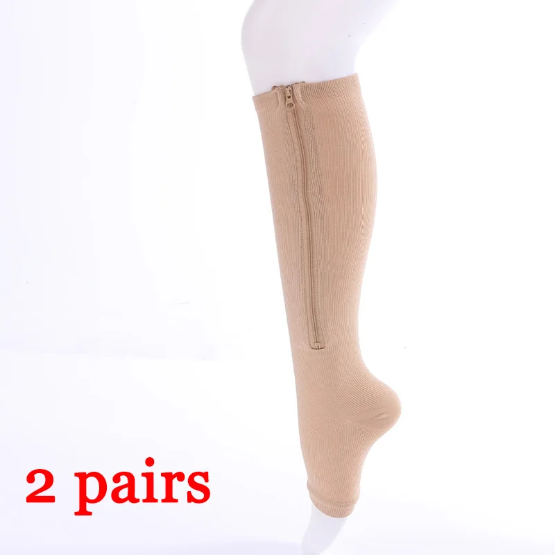 Beige 40cm Компрессионные носки на молнии для женщин, тонкие, для сна, для красоты, для коррекции ног, компрессионные, сжигающие жир, на молнии, носки для предотвращения варикозного расширения, 2 пары - Цвет: Beige 40cm