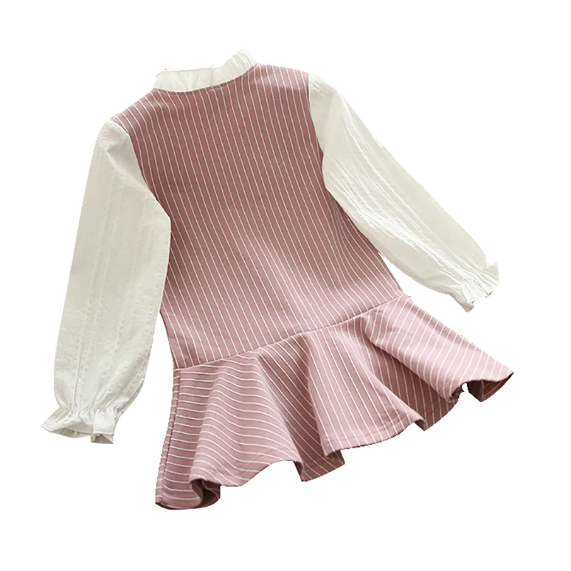 Girls Dress Autumn Kids Casual Fake 2 Piece Long Sleeve Striped Print Bowknot Design Baby Children Costume | Детская одежда и