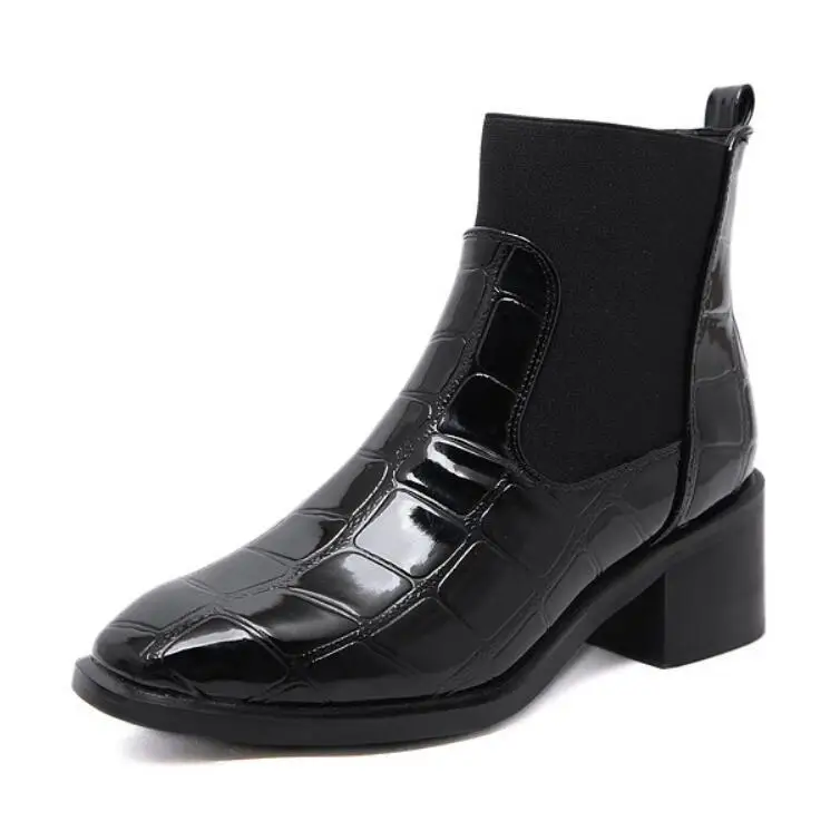 black no plush Ботинки martin из лакированной кожи с плюшевой подкладкой в римском стиле; зимние брендовые короткие ботинки «Челси» с крокодиловой текстурой; женские ботинки на не сужающемся книзу массивном каблуке; bottes femme - Цвет: black no plush