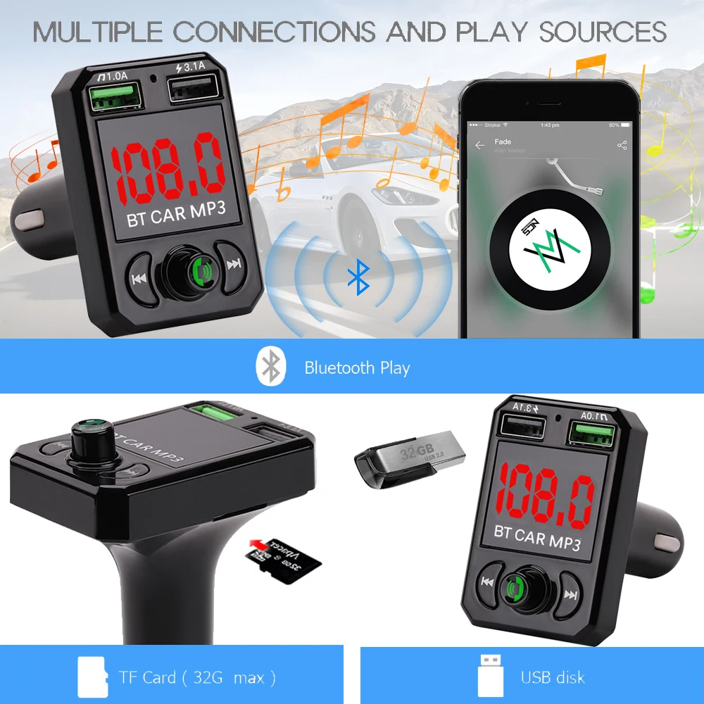 1 шт. Bluetooth автомобильный комплект fm передатчик MP3 плеер с светодиодный двойной USB