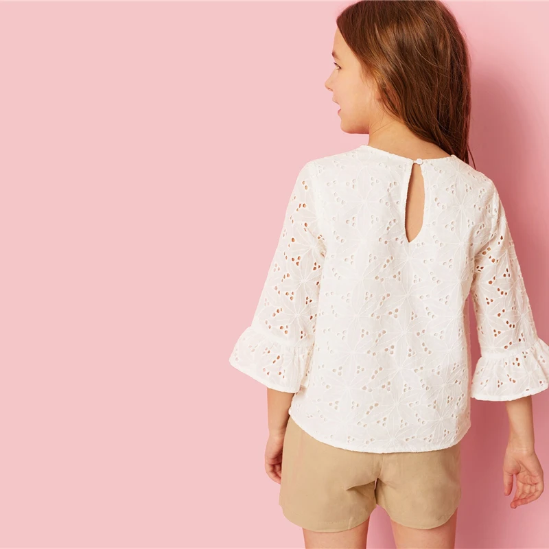 SHEIN Kiddie Ginger/однотонная кружевная блузка с рюшами и проймой для подростков г., летняя детская блузка с рукавами-бабочками на пуговицах, рубашка