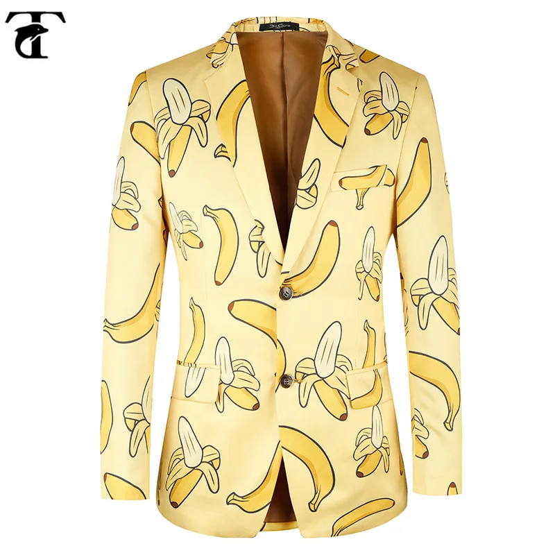 

TOTURN Hawaii Style Men Suit Jacket Casual Banana Pattern Fashion Men Blazer High Quality Brand Jacket Men Plus Euro Size 46-58