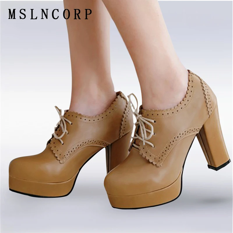 

Plus Size 34-43 Spring Autumn Fashion Women Pumps Platform Thick High Heels Single Shoes Lace up Lace Ladies Female Casual Shoes