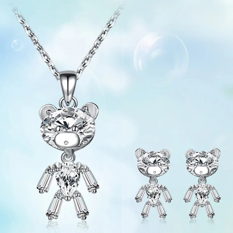 Девушка Стерлингового Серебра 925 Медведь Pattern White Crystal Серьги Ожерелье/Кулон
