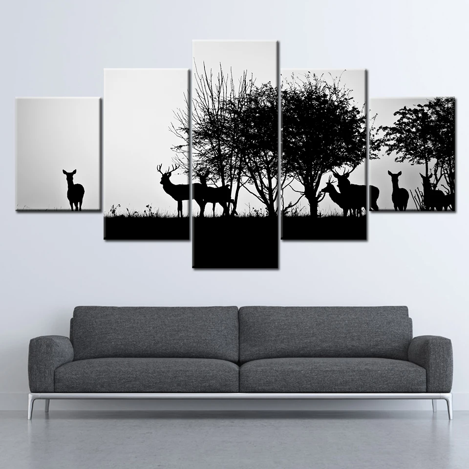 HD Prints Canvas Wall Art Home Decor Pictures 5 Pieces Black silhouette of a hunter and dog in the forest Posters Framework | Дом и сад