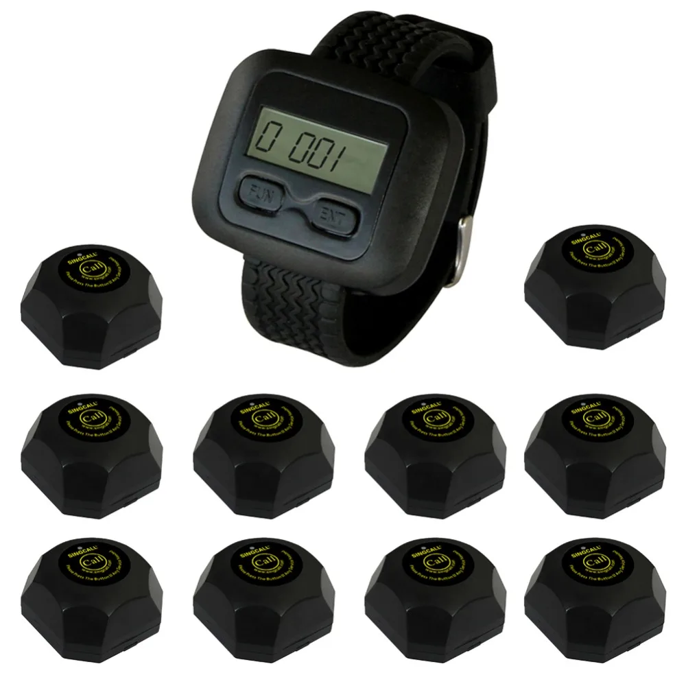 SINGCALL Wireless Waiter Servicing System,Servicing Custom,10pcs Black Buttons and One Watch APE6600 for Waiter