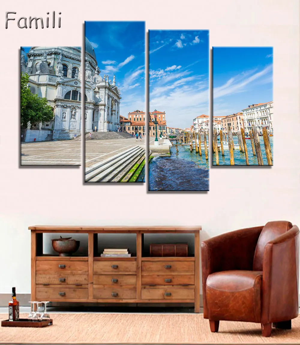 

4Panel Modern Canvas Painting Wall Art Italy Venice Landscape Oil Painting Beautiful City River Decorative Picture Home Decor