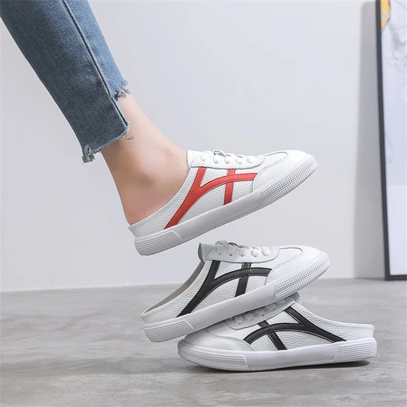 COOLSA Women's Autumn White PU Shoes Casual Striped Flat Slippers Indoor Half Tow Slides Lady Lazy Travel Shoes