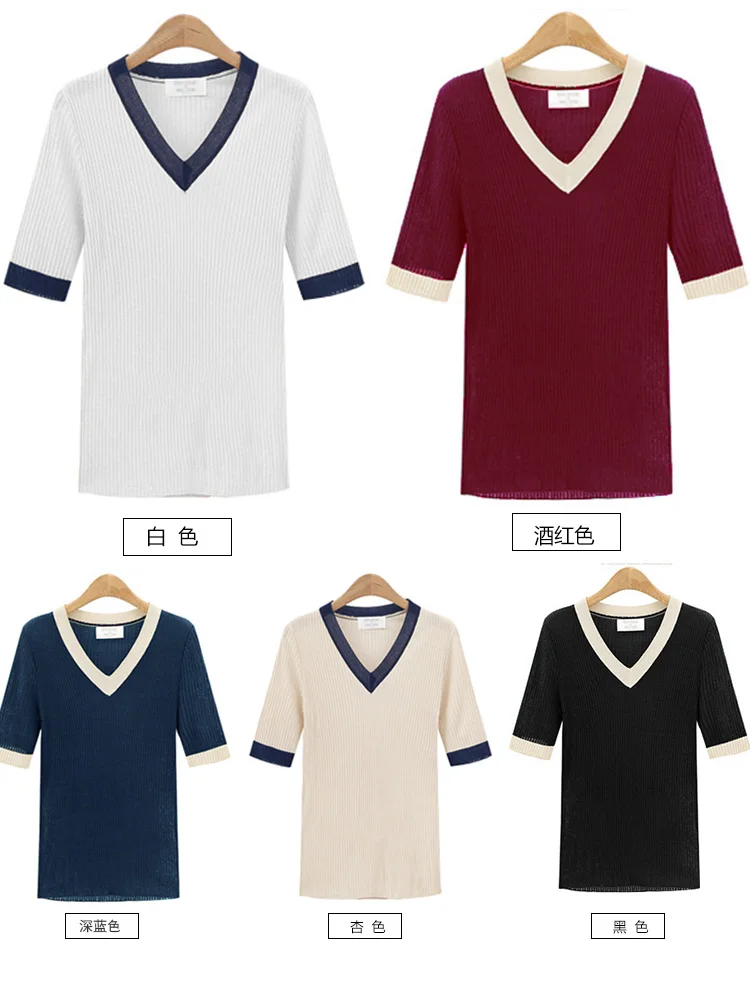 

Preppy style half sleeve pathcwork t shirt women v-neck knitted slim tops summer 2020 new arrivals 5colors plus size