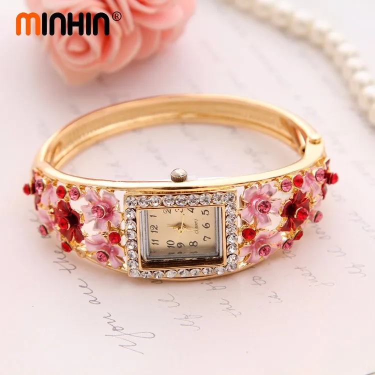 Часы MINHIN Brilliant, 5 цветов, браслет для женщин, золотой цвет, Хрустальный цветок, дизайн, Браслет-манжета, кварцевые часы, повседневные наручные часы