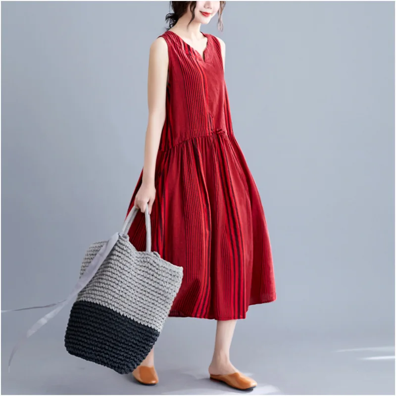 2019 Summer Women Striped Print Bohemian Short Sleeve Loose Party Cotton Linen Waist Belts Vestido Casual Dress Plus Size | Женская
