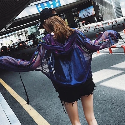 Фиолетовый Harajuku Лазерная сетчатая куртка женская прозрачная куртка летняя с длинным рукавом фиолетовая Золотая прозрачная Солнцезащитная куртка с капюшоном тонкая верхняя одежда - Цвет: Фиолетовый