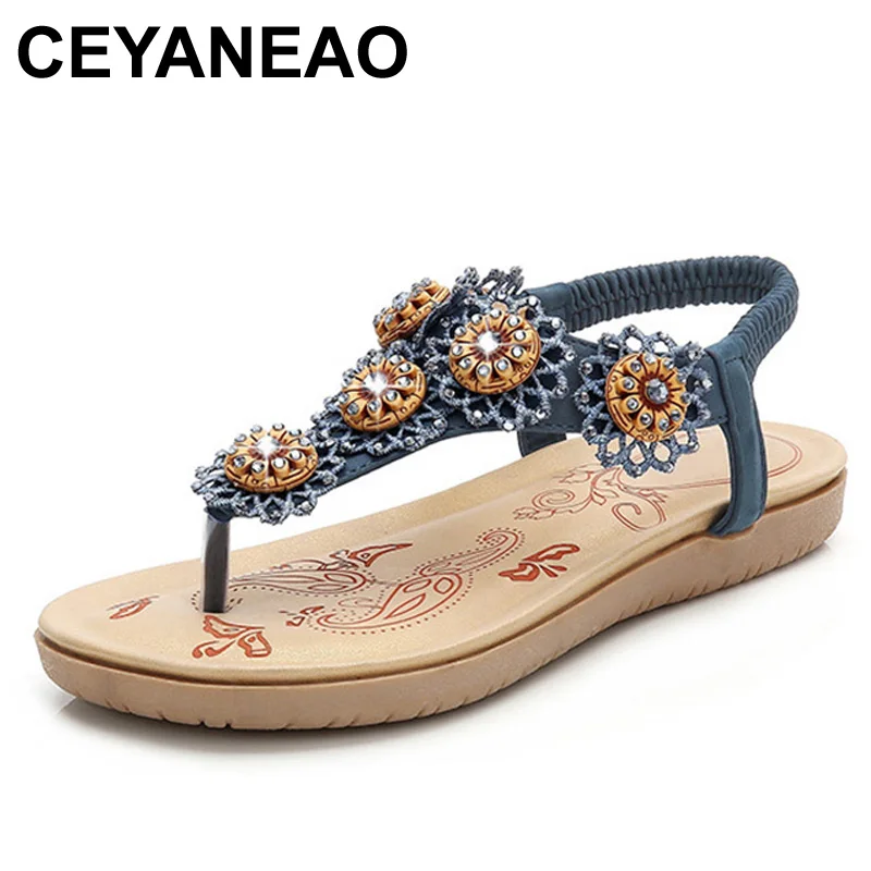 

Модные женские повседневные сандалии CEYANEAO на плоской подошве из мягкой кожи с кристаллами; Пляжная Обувь Сланцы большого размера