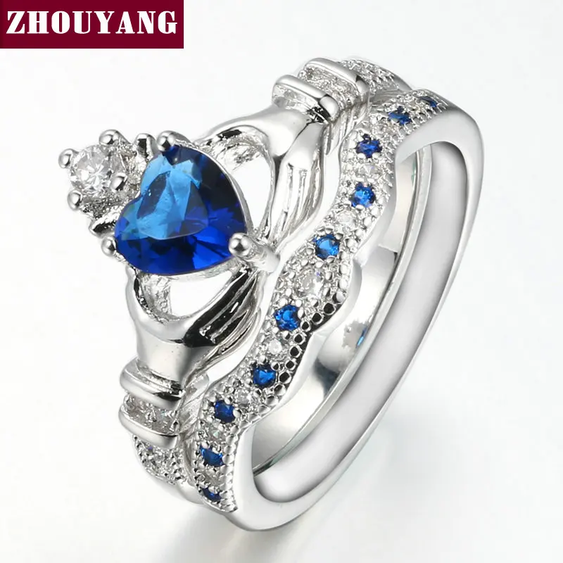 Холдинг Создан Blue Crystal любовь Сердце Цирконий Корона Обручальное Кольцо Наборы Серебристый Цвет Синий Кристалл ZYR616