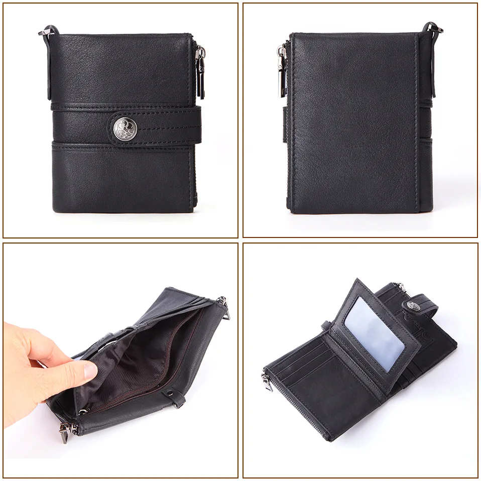 GENODERN Double Zipper Men Wallet of Hasp Design Genuine Leather Short Wallet for Men with Coin Pocket New Male Purse