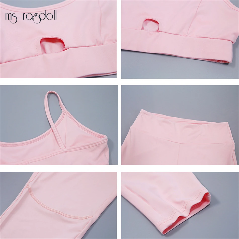 Розовый Фитнес спортивный костюм Для женщин укороченный топ и леггинсы для