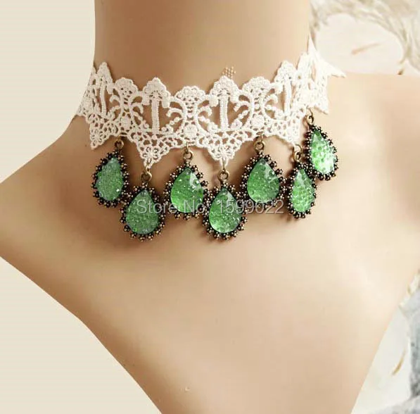 

Wedding Prom Green Rhinestone White Lace Womans Choker Necklace Bridal cocktail Evening Dress Queen Accessories Gothic Jewellery