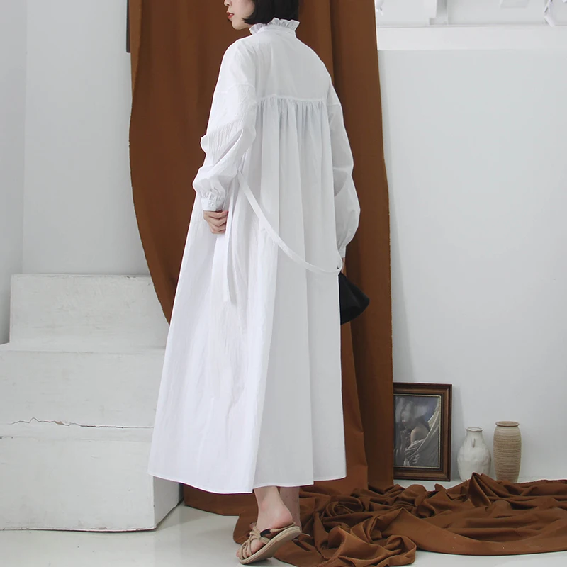 [EAM] New Autumn Winter Stand Collar Long Sleeve White Ruffles Stitch pleated Loose Long Shirt Dress Women Fashion JK988