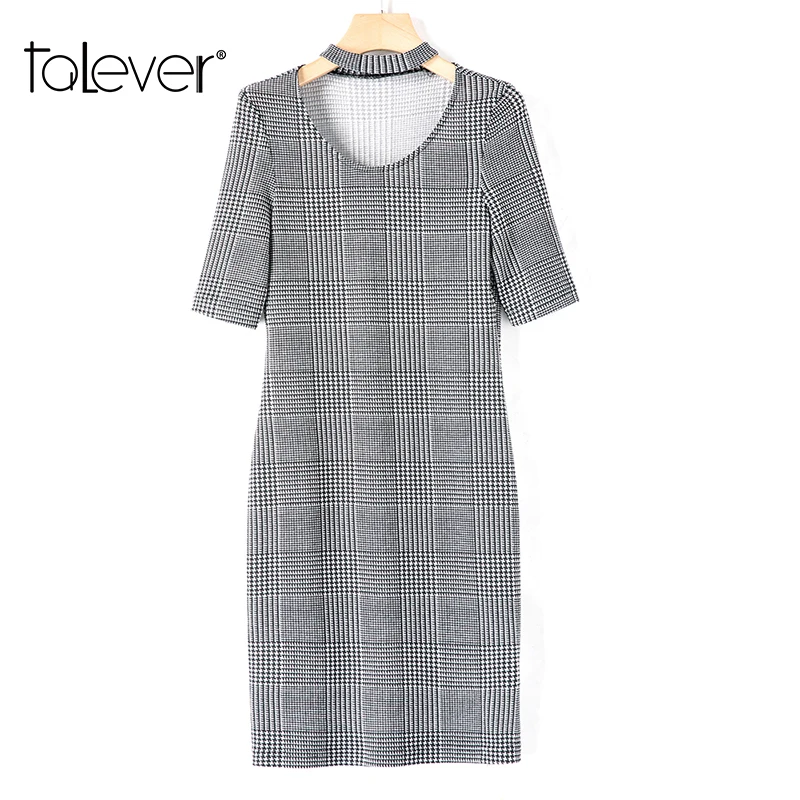 Women Elegant Autumn Plaid Bodycon Dress Female Sexy Halter Half Sleeve Gray Midi Dresses Lady Party Plus Size Talever | Женская одежда
