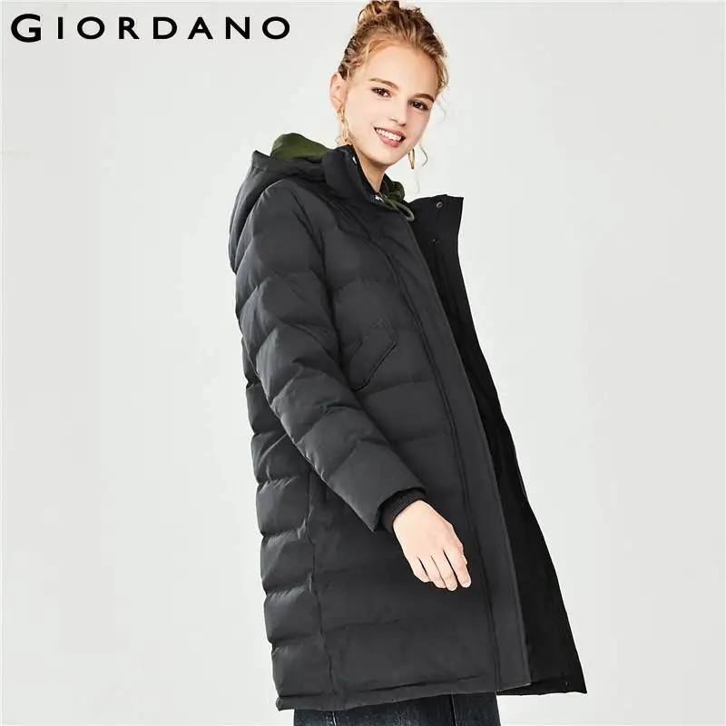 Giordano женское длинное пуховое пальто с капюшоном, имеется два варианта окраса,и четыре размерных ряда