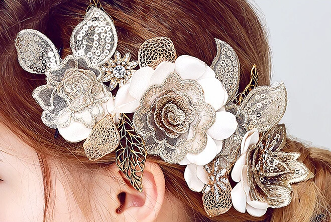 Женский кружевной обруч для волос SLBRIDAL тиара с золотыми листьями и цветами