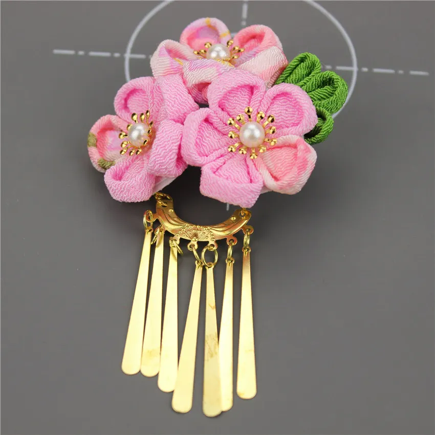 Японский стиль tsuami Kanzashi Розовый Красный Цветок сакуры заколка для волос кимоно гейши ручной работы головной убор HW001