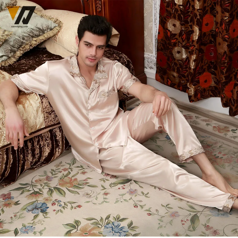 Шелковые комплекты пижамы атласа ночная мужчины лето Loungewear пижама комплект с