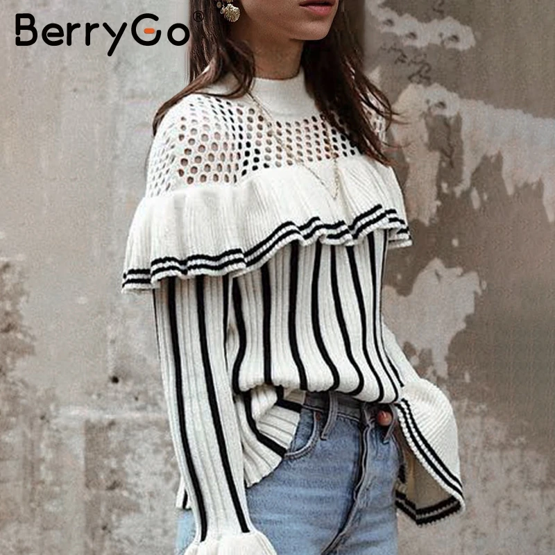 BerryGo Sexy hollow out ruffles knitted pullover Women casual striped sweater autumn winter 2018 Flare sleeve warm jumper female | Женская