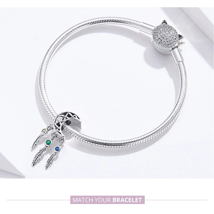 INBEAUT 925 пробы серебро дизайн Луна Ловец снов талисманы подходят Pandora браслет Blu& зеленый циркон бисер с перьями