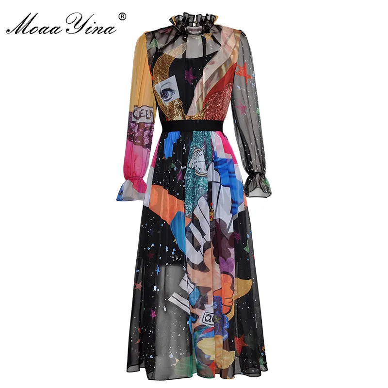 

MoaaYina Fashion Designer Runway Dress Spring Women Long sleeve Standing collar Starry sky Colorful Cartoon Print Elegant Dress