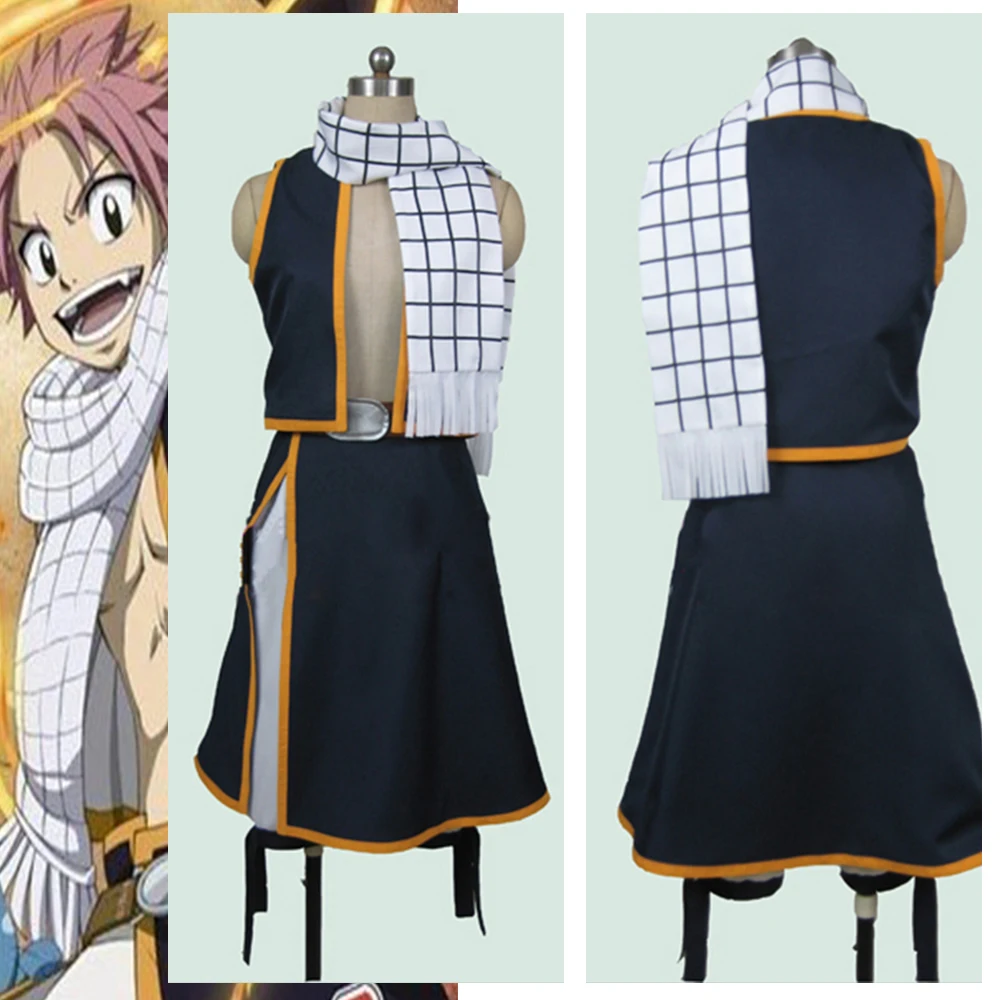 Adult Men Women Fairy Tail Etherious Natsu Dragneel Cosplay Costumes Full Set Vest + Skirt + Scarf