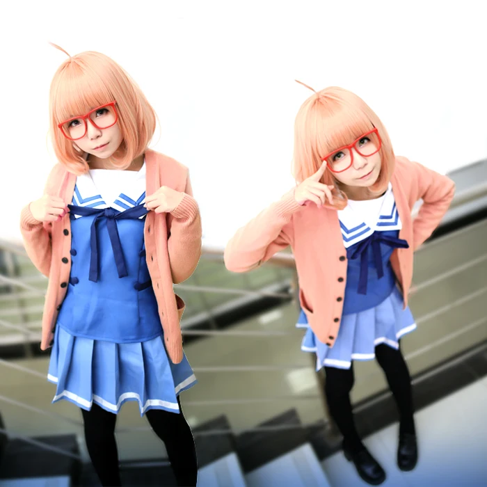 Kyoukai no Kanata Косплей-костюм Kuriyama Mirai костюм пальто+ юбка+ галстук+ носки+ свитер+ очки+ парик